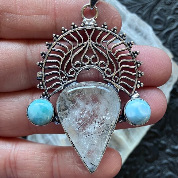 Larimar and Tourmalinated Quartz Boho Pendant - Picture 1 of 8